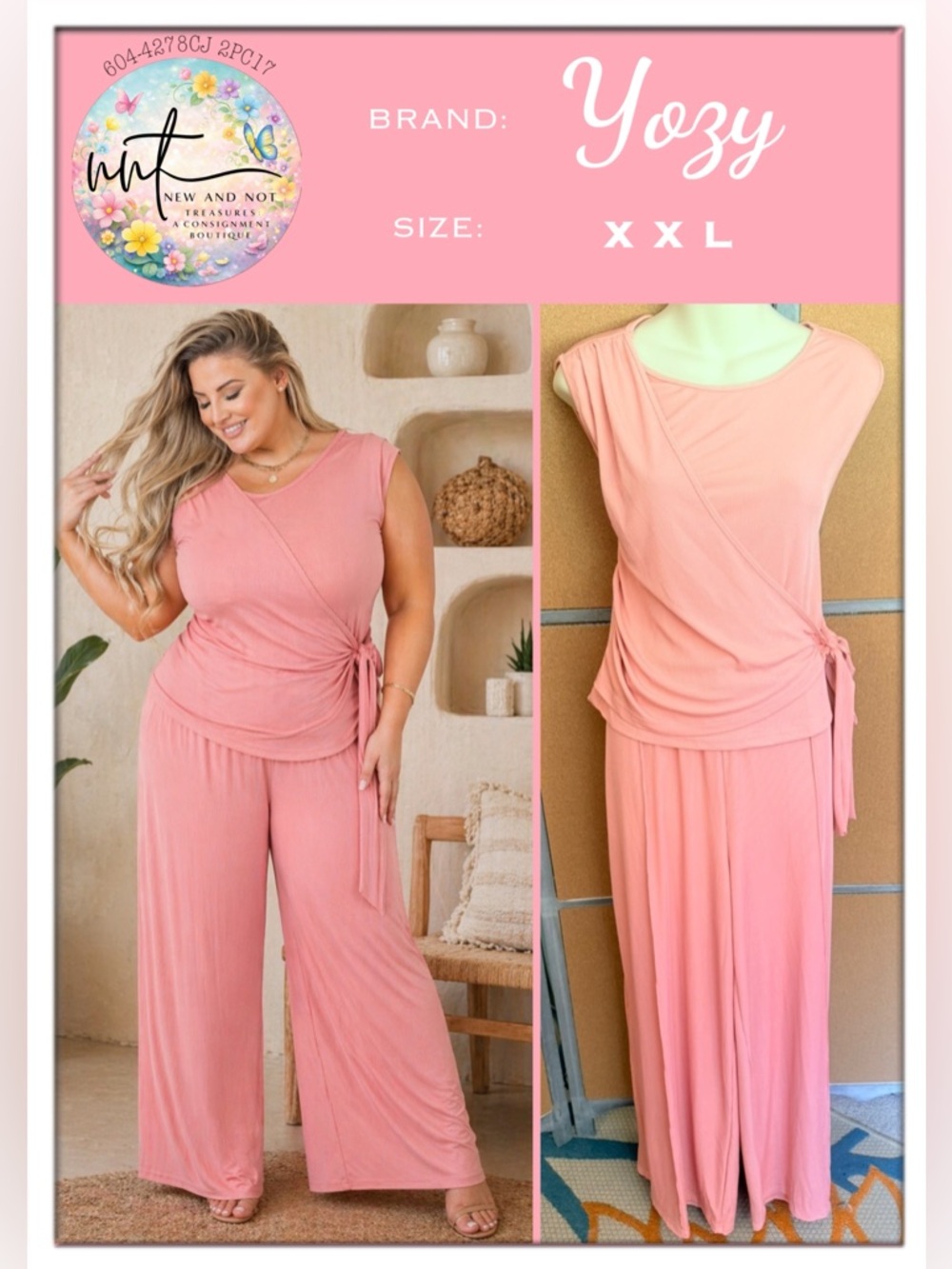 Yozy Pink Ribbed 2pc Set XXL Wrap Tie Top Wide Leg Pants Lounge Outfit NWOT